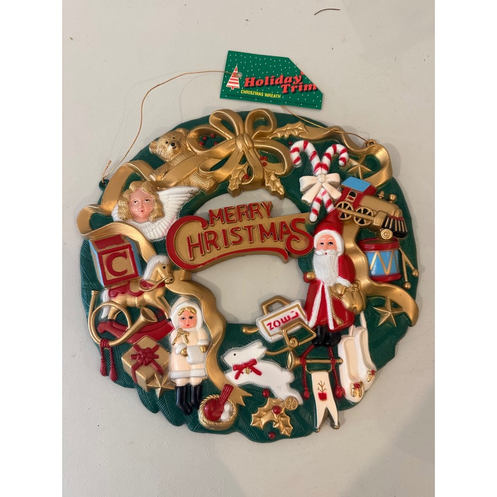 Vintage Molded hard Plastic Merry Christmas Wreath Santa Angel Retro Decor